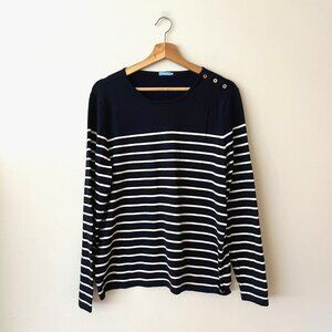 J. McLaughlin Pequot Navy/White Striped Button Shoulder Sweater Women's Size XL